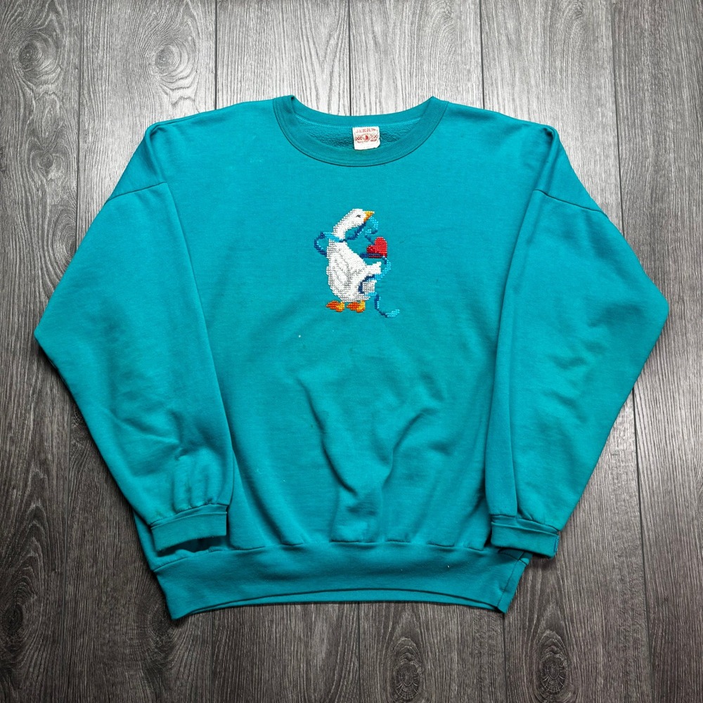 Vintage Goose Heart Cross Stitch Sweatshirt Mens Large Retro Pullover Teal